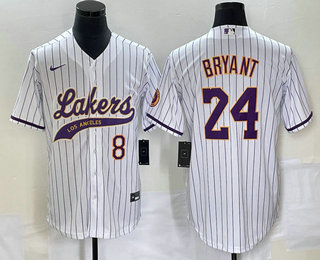 Men's Los Angeles Lakers #8 #24 Kobe Bryant White Pinstripe With Patch Cool Base Stitched Baseball J - Click Image to Close