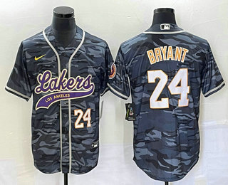 Men's Los Angeles Lakers #24 Kobe Bryant Black Camo With Patch Cool Base Stitched Baseball Jersey - Click Image to Close