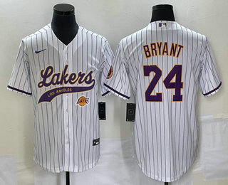 Men's Los Angeles Lakers #24 Kobe Bryant White Pinstripe With Patch Cool Base Stitched Baseball Jers - Click Image to Close