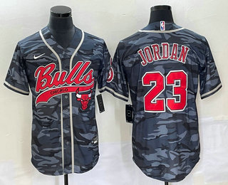 Men's Chicago Bulls #23 Michael Jordan Black Camo With Patch Cool Base Stitched Baseball Jersey - Click Image to Close