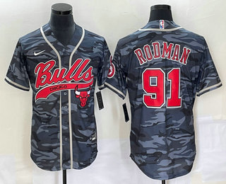 Men's Chicago Bulls #91 Dennis Rodman Black Camo With Patch Cool Base Stitched Baseball Jersey - Click Image to Close