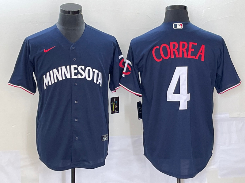 Men's Minnesota Twins #4 Carlos Correa 2023 Navy Blue Cool Base Stitched Jersey - Click Image to Close