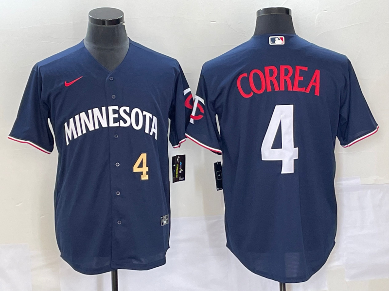 Men's Minnesota Twins #4 Carlos Correa Number 2023 Navy Blue Cool Base Stitched Jersey