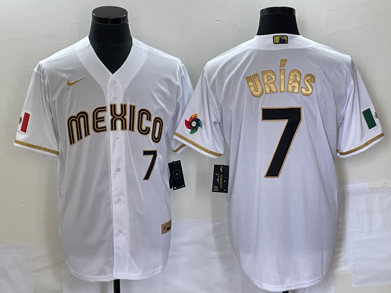 Men's Mexico Baseball #7 Julio Urias Number 2023 White Gold World Baseball Classic Stitched Jersey