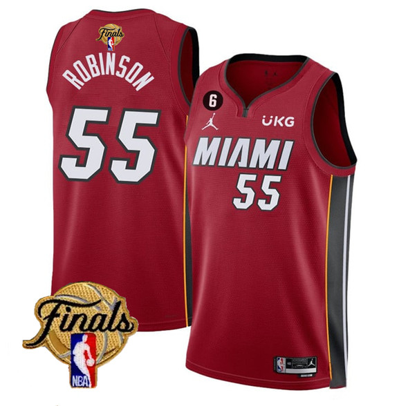 Men's Miami Heat #55 Duncan Robinson Red 2023 Finals Statement Edition With NO.6 Patch Stitched Bask