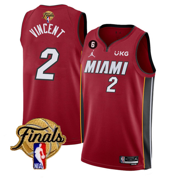 Men's Miami Heat #2 Gabe Vincent Red 2023 Finals Statement Edition With NO.6 Patch Stitched Basketba - Click Image to Close