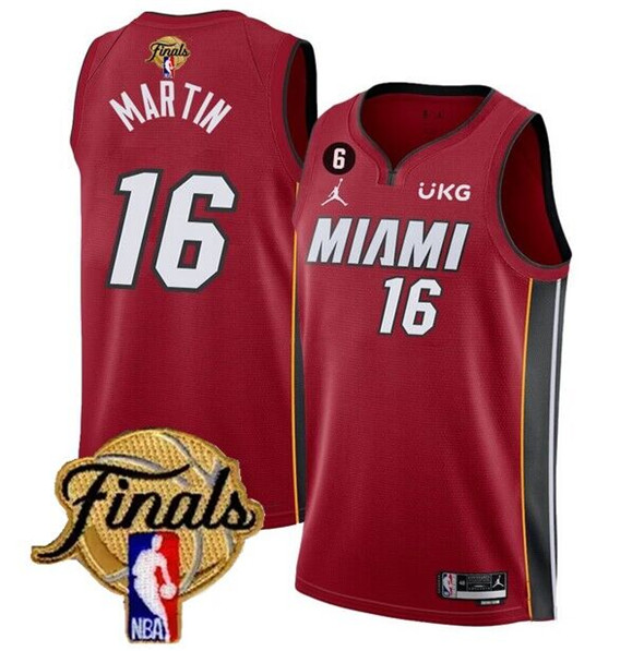 Men's Miami Heat #16 Caleb Martin Red 2023 Finals Statement Edition With NO.6 Patch Stitched Basketb