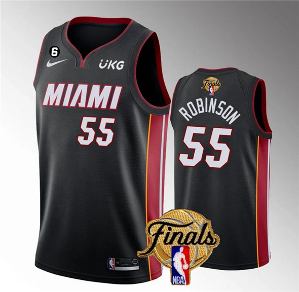 Men's Miami Heat #55 Duncan Robinson Black 2023 Finals Icon Edition With NO.6 Patch Stitched Basketb