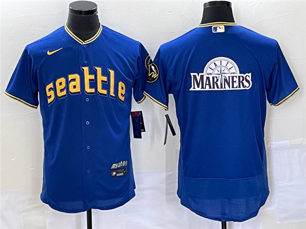 Men's Seattle Mariners Royal Team Big Logo 2023 City Connect Flex Base Stitched Jersey - Click Image to Close