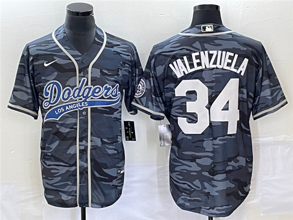 Men's Los Angeles Dodgers #34 Toro Valenzuela Gray Camo Cool Base With Patch Stitched Baseball Jerse