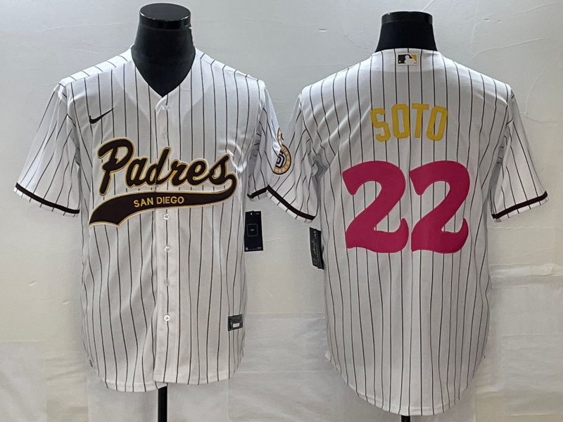 Men's San Diego Padres #22 Juan Soto White Pinstripe 2023 City Connect Cool Base Stitched Jersey