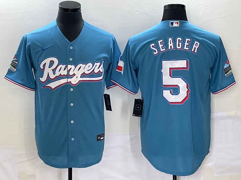 Men's Texas Rangers #5 Corey Seager Light Blue Stitched Cool Base Nike Jersey - Click Image to Close