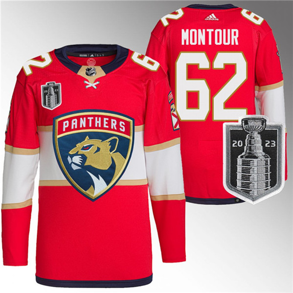Men's Florida Panthers #62 Brandon Montour Red 2023 Stanley Cup Final Stitched Jersey - Click Image to Close