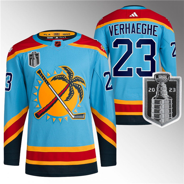Men's Florida Panthers #23 Carter Verhaeghe Blue 2023 Stanley Cup Final Reverse Retro Stitched Jerse