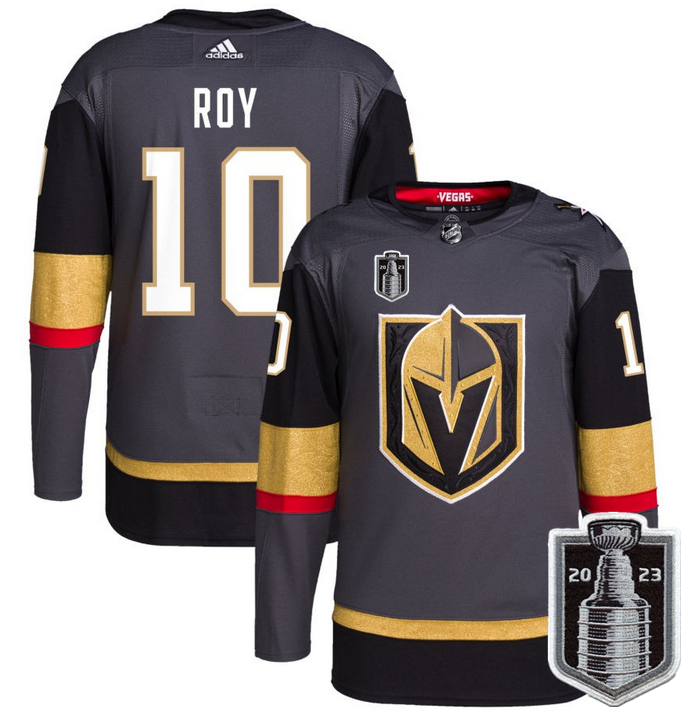 Men's Vegas Golden Knights #10 Nicolas Roy Gray 2023 Stanley Cup Final Stitched Jersey - Click Image to Close