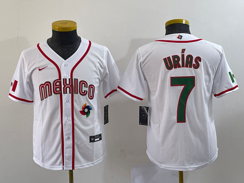 Youth Mexico Baseball #7 Julio Urias 2023 Red World Baseball Classic Stitched Jersey