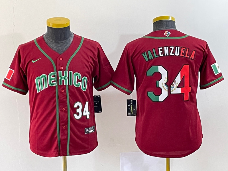Youth Mexico Baseball #34 Fernando Valenzuela 2023 Red World Classic Stitched Jersey
