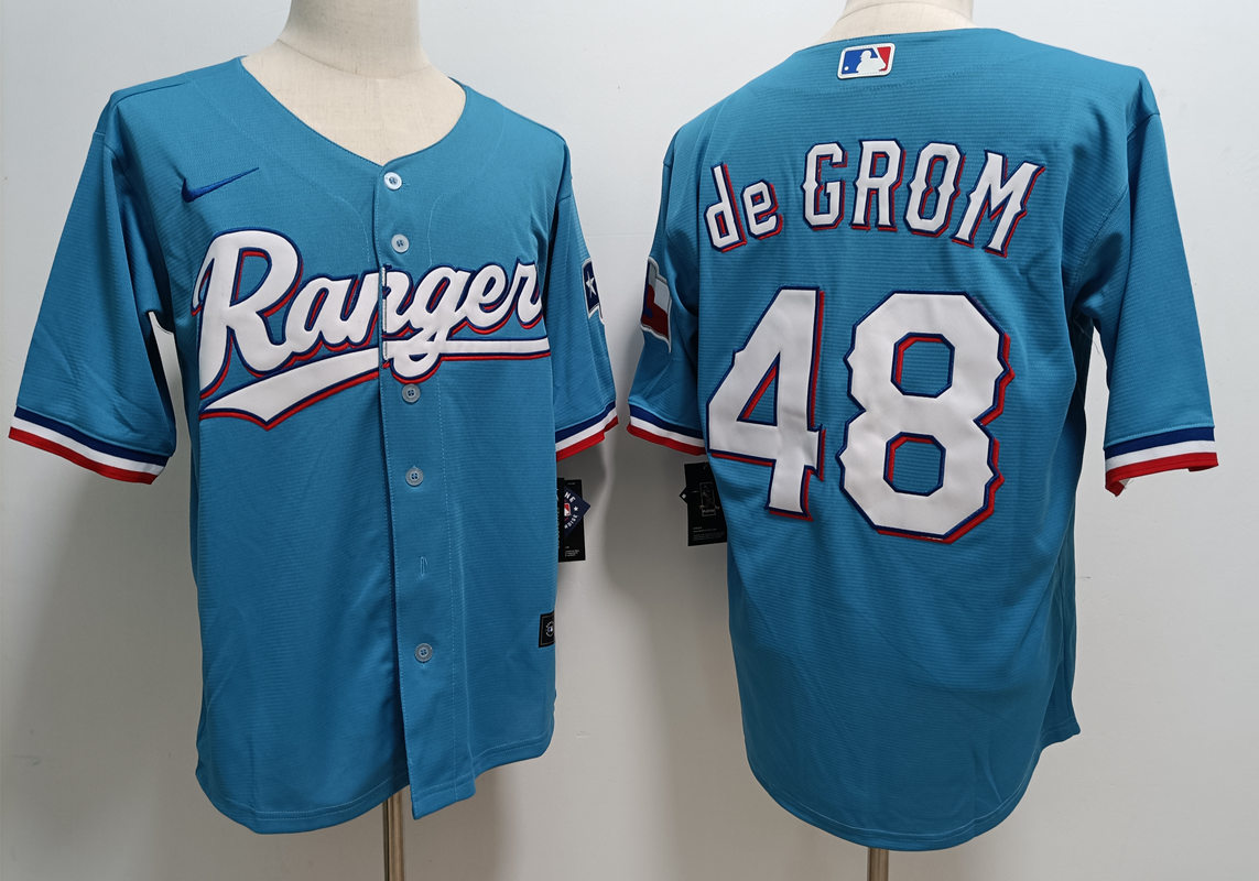 Men's Texas Rangers #48 Jacob deGrom Light Blue With Patch Cool Base Stitched Baseball Jersey - Click Image to Close