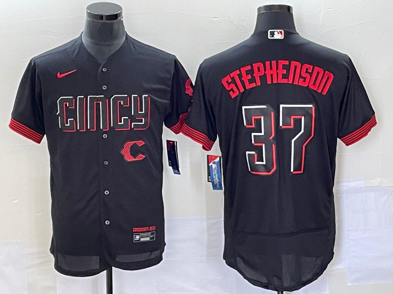 Men's Cincinnati Reds #37 Tyler Stephenson Black 2023 City Connect Flex Base Stitched Jersey