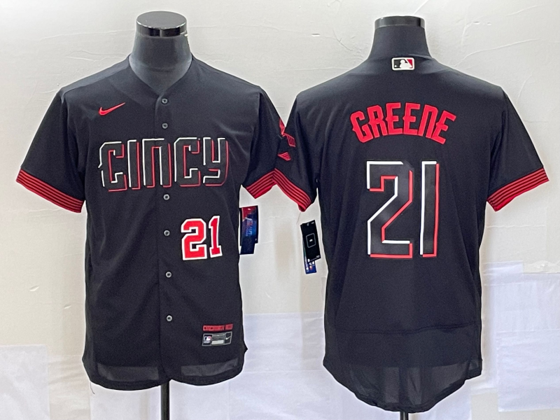 Men's Cincinnati Reds #21 Hunter Greene Number Black 2023 City Connect Flex Base Stitched Jersey