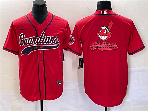 Men's Cleveland Guardians Red Team Big Logo With Patch Cool Base Stitched Baseball Jersey - Click Image to Close