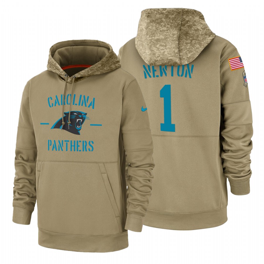 Carolina Panthers #1 Cam Newton Nike Tan 2019 Salute To Service Name & Number Sideline Therma Pullov