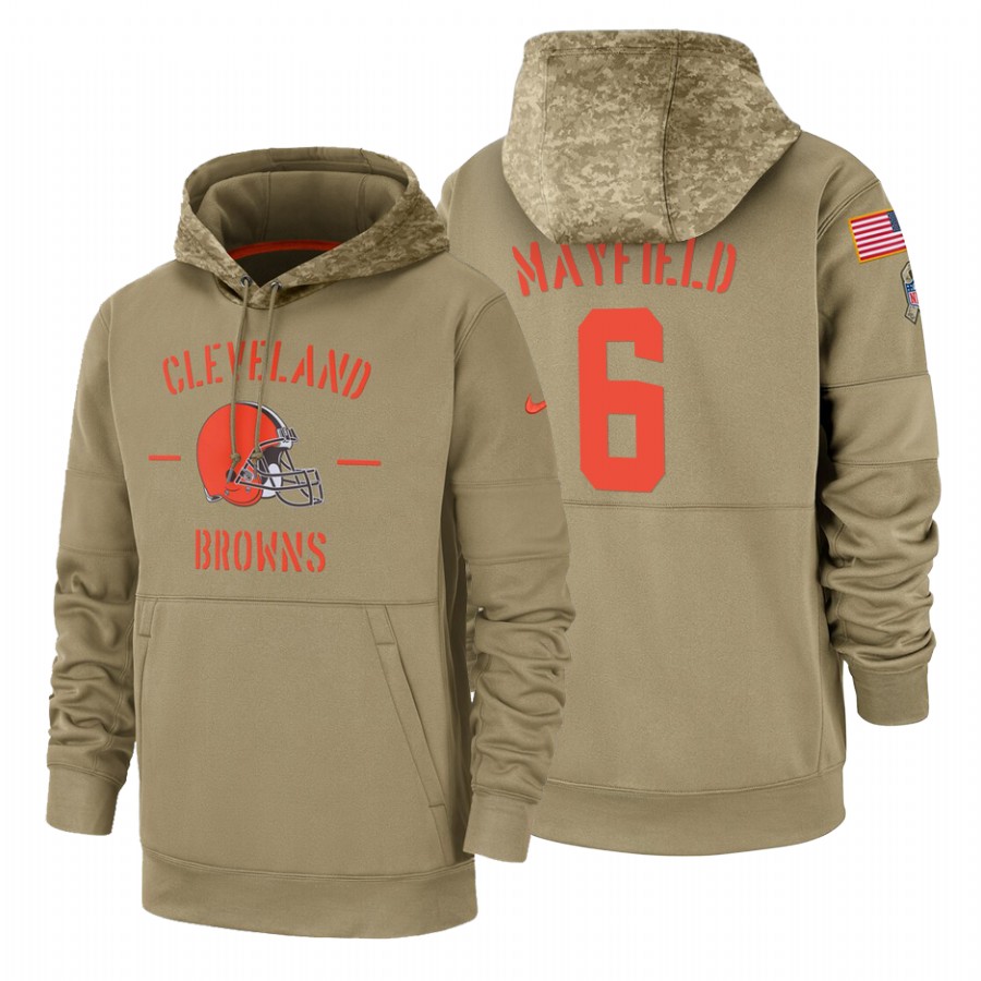 Cleveland Browns #6 Baker Mayfield Nike Tan 2019 Salute To Service Name & Number Sideline Therma Pul