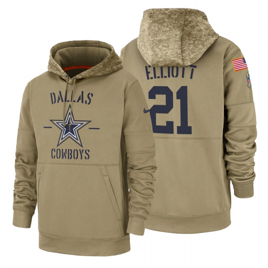 Dallas Cowboys #21 Ezekiel Elliott Nike Tan 2019 Salute To Service Name & Number Sideline Therma Pul