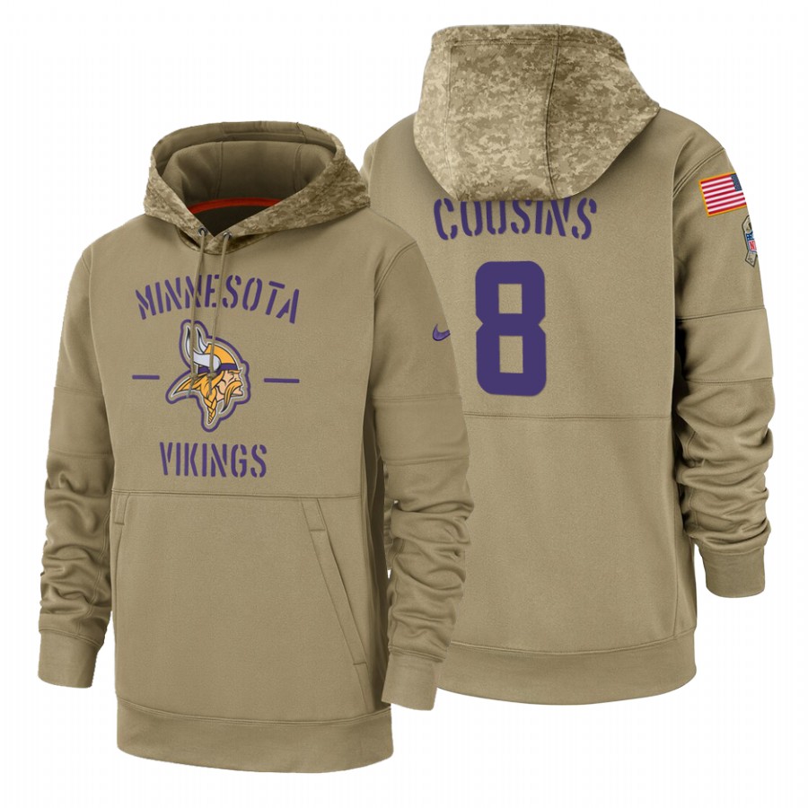 Minnesota Vikings #8 Kirk Cousins Nike Tan 2019 Salute To Service Name & Number Sideline Therma Pull