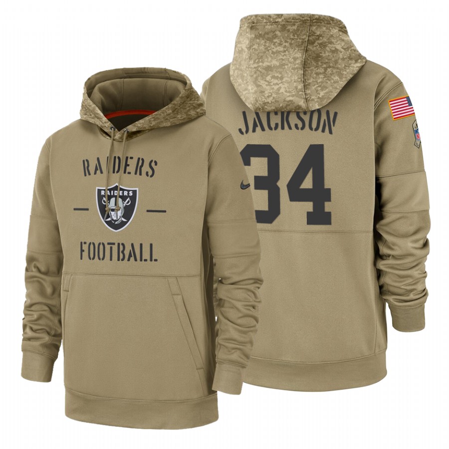 Oakland Raiders #34 Bo Jackson Nike Tan 2019 Salute To Service Name & Number Sideline Therma Pullove