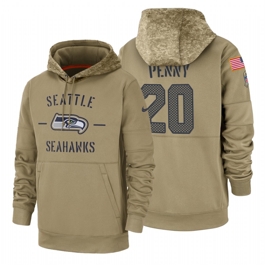 Seattle Seahawks #20 Rashaad Penny Nike Tan 2019 Salute To Service Name & Number Sideline Therma Pul