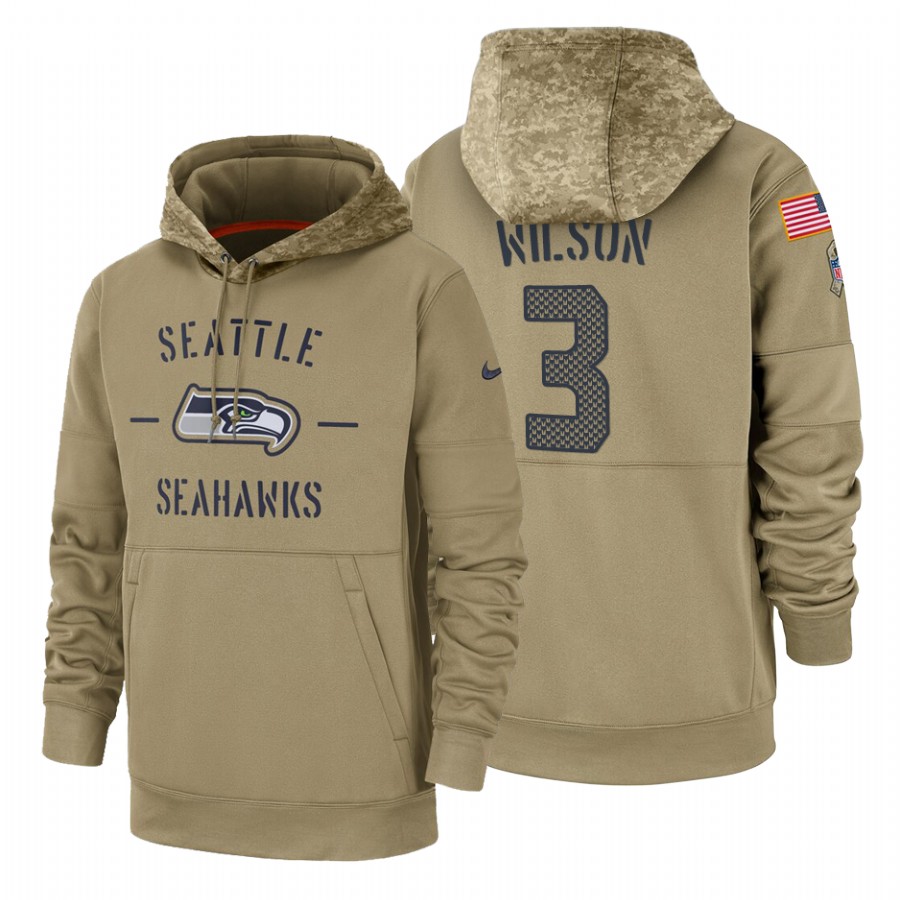 Seattle Seahawks #3 Russell Wilson Nike Tan 2019 Salute To Service Name & Number Sideline Therma Pul