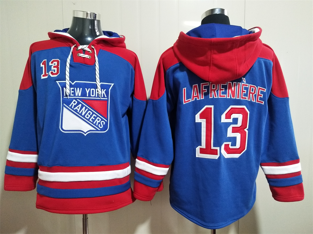 New York Rangers #13 Alexis Lafreniere Blue Ageless Must Have Lace Up Pullover Hoodie
