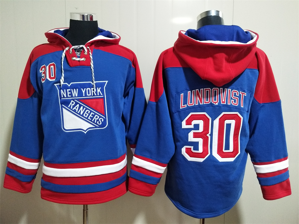 New York Rangers #30 Henrik Lundqvist Blue Ageless Must Have Lace Up Pullover Hoodie