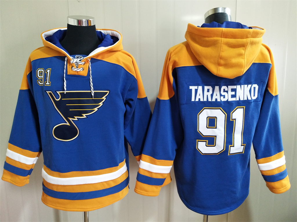 St Louis Blues #91 Vladimir Tarasenko Blue Ageless Must Have Lace Up Pullover Hoodie