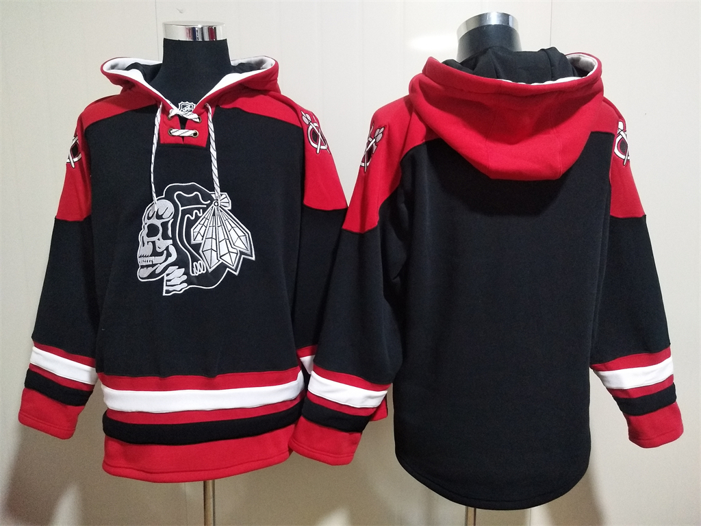 Chicago Blackhawks Blank Black Ageless Must Have Lace Up Pullover Hoodie - Click Image to Close