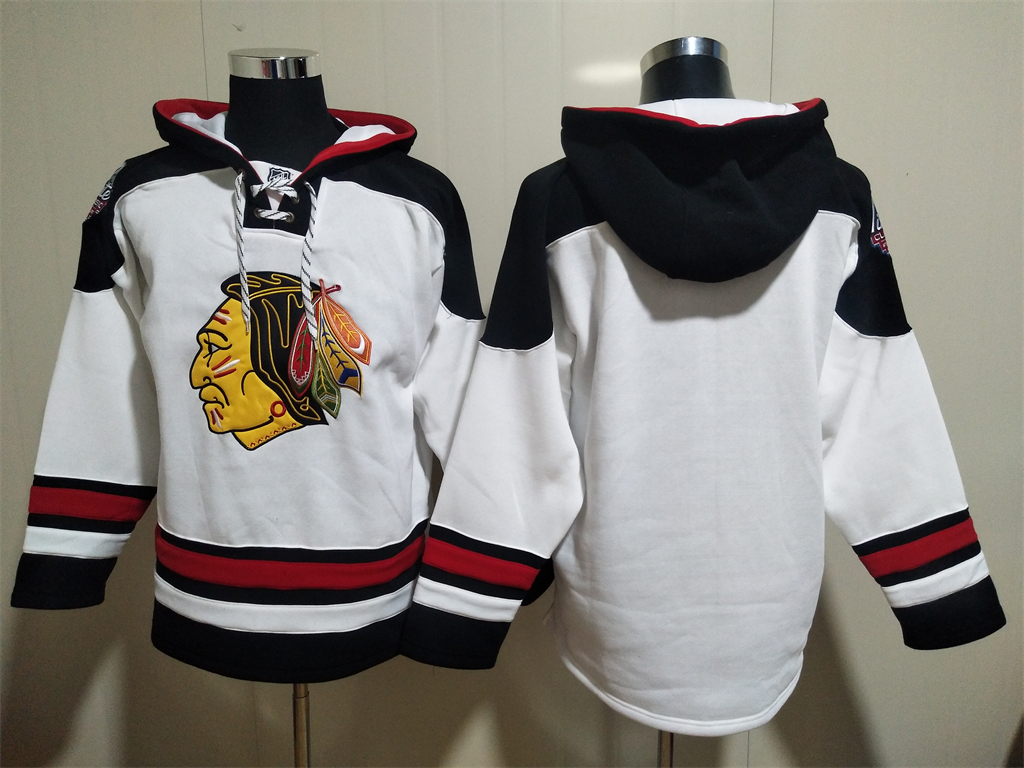 Chicago Blackhawks Blank White Ageless Must Have Lace Up Pullover Hoodie - Click Image to Close