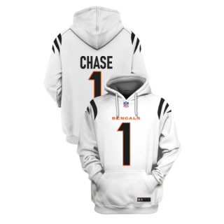 White Cincinnati Bengals #1 Ja'Marr Chase 2021 Pullover Hoodie - Click Image to Close