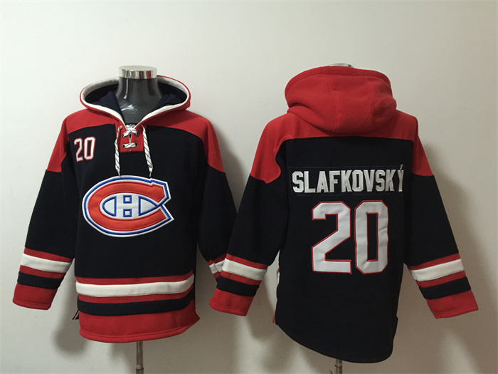 Montreal Canadiens #20 Juraj Slafkovsky Navy Red Lace-Up Pullover Hoodie