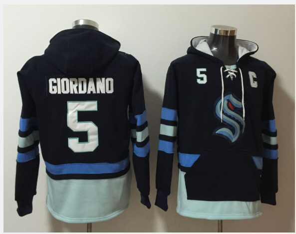 Seattle Kraken #5 Mark Giordano Navy Ageless Must-Have Lace-Up Pullover Hoodie