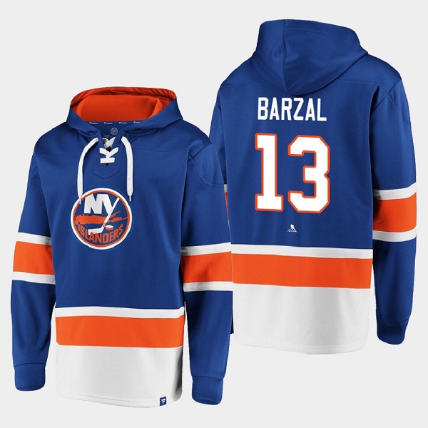 New York Islanders #13 Mathew Barzal Royal Ageless Must-Have Lace-Up Pullover Hoodie