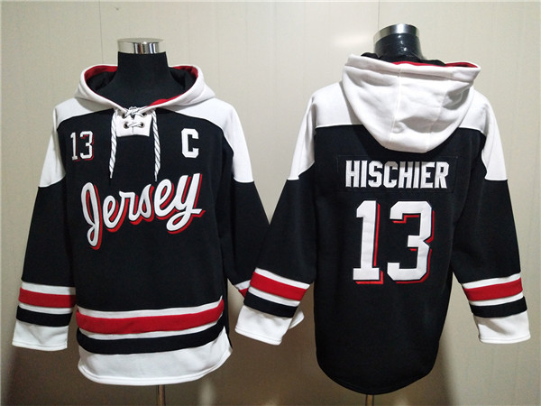 New Jersey Devils #13 Nico Hischier Black White Ageless Must-Have Lace-Up Pullover Hoodie - Click Image to Close