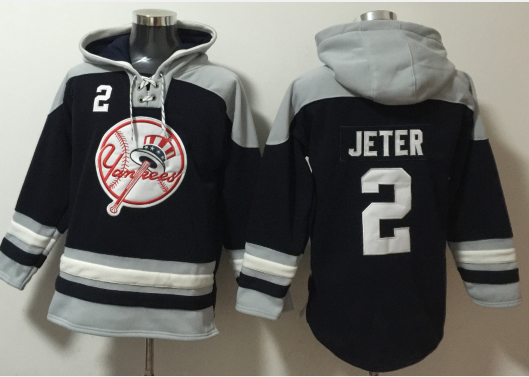 New York Yankees #2 Derek Jeter Navy Blue Ageless Must Have Lace Up Pullover Hoodie
