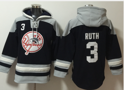 New York Yankees #3 Babe Ruth Navy Blue Ageless Must Have Lace Up Pullover Hoodie