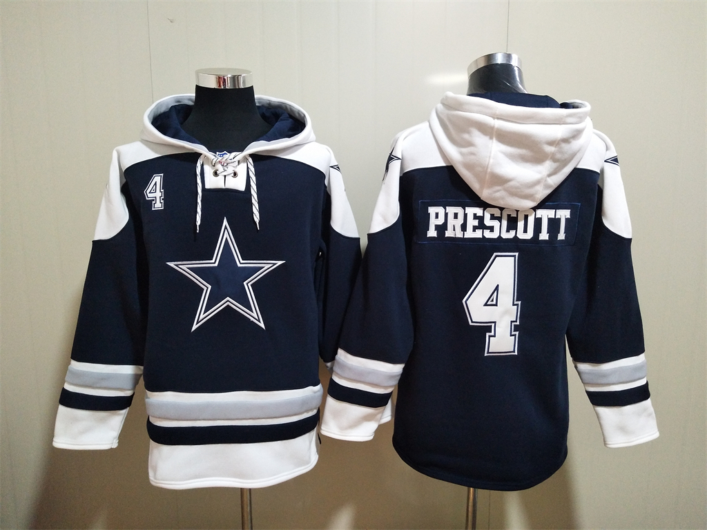 Dallas Cowboys #4 Dak Prescott Navy Blue Ageless Must Have Lace Up Pullover Hoodie