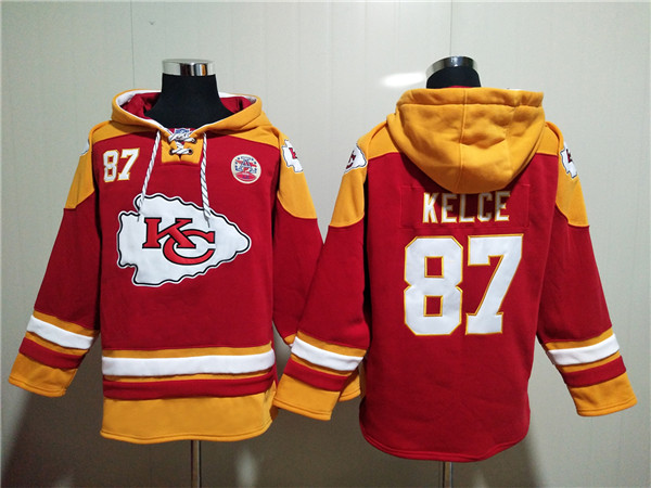 Kansas City Chiefs #87 Travis Kelce Red Lace-Up Pullover Hoodie - Click Image to Close
