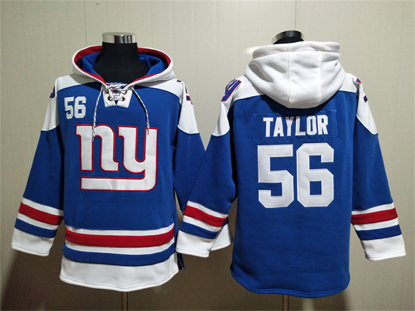 New York Giants #56 Lawrence Taylor Blue Lace-Up Pullover Hoodie - Click Image to Close