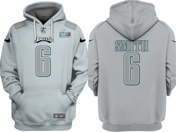Philadelphia Eagles #6 DeVonta Smith Gray Atmosphere Fashion Super Bowl LVII Patch Pullover Hoodie