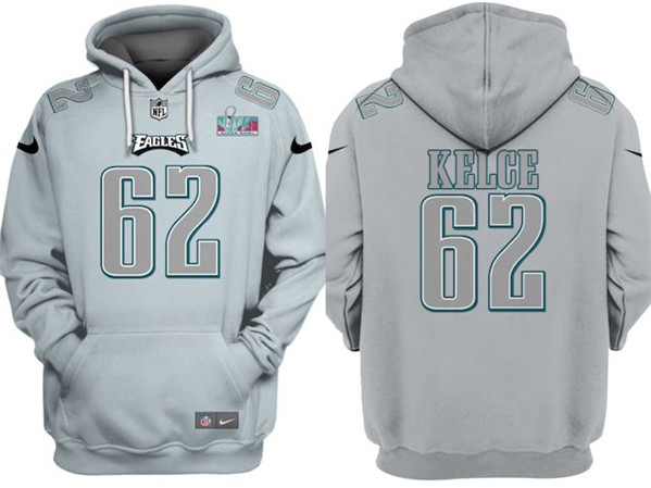 Philadelphia Eagles #62 Jason Kelce Gray Atmosphere Fashion Super Bowl LVII Patch Pullover Hoodie