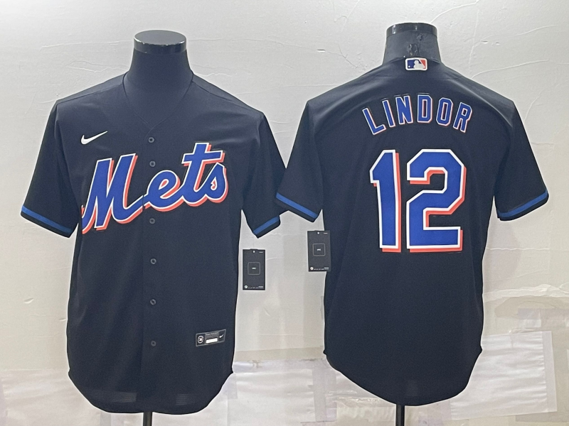 New York Mets #12 Francisco Lindor Black Stitched MLB Cool Base Nike Jersey - Click Image to Close